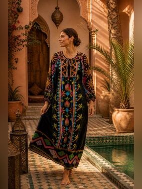 NWT Farm Rio x Anthropologie Long-Sleeve Tie-Front Maxi Dress size M.
